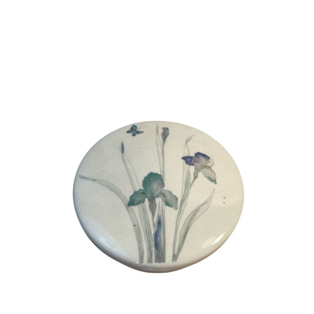 Hankook Sango Quadrille Atrium Pattern lidded trinket bowl Blue Iris Flowers But